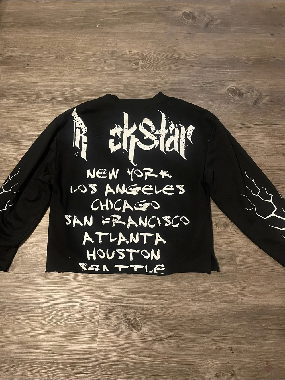 Black Graphic Band Crewneck Sweater with White Sleeve Lightning